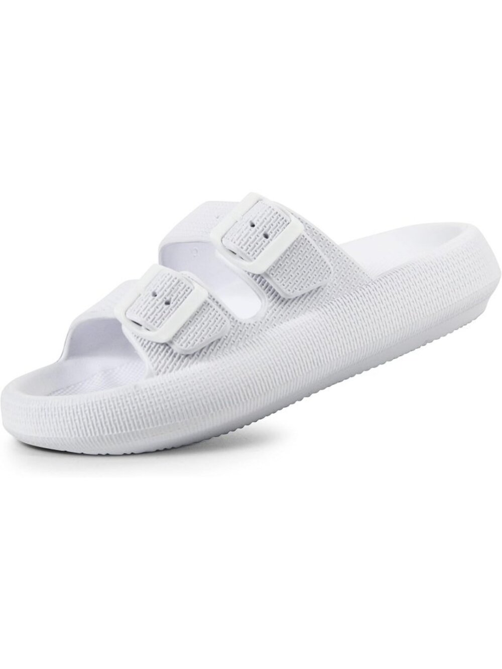 Women's White Adjustable Width Pillow Design Double Buckle Flat Slides Slippers